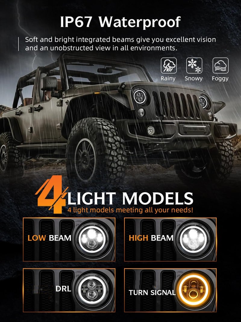 UNI-SHINE Black 2pcs 7 inch Led Headlight Round DOT Approved H6024 Led Headlight DRL Turn Signal Compatible with Jeep Wrangler JK TJ CJ & Miata & Chevy S3 & Hummer H1 H2 - Image 3