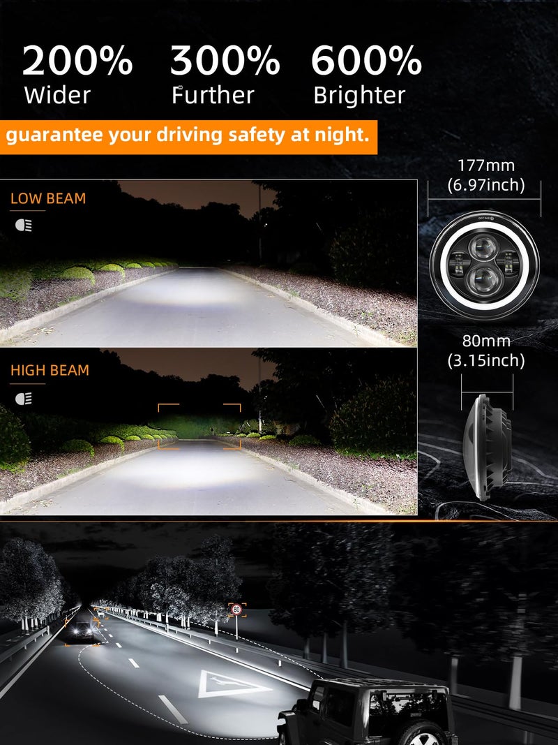 UNI-SHINE Black 2pcs 7 inch Led Headlight Round DOT Approved H6024 Led Headlight DRL Turn Signal Compatible with Jeep Wrangler JK TJ CJ & Miata & Chevy S3 & Hummer H1 H2 - Image 4
