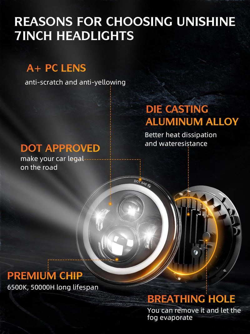 UNI-SHINE Black 2pcs 7 inch Led Headlight Round DOT Approved H6024 Led Headlight DRL Turn Signal Compatible with Jeep Wrangler JK TJ CJ & Miata & Chevy S3 & Hummer H1 H2 - Image 5