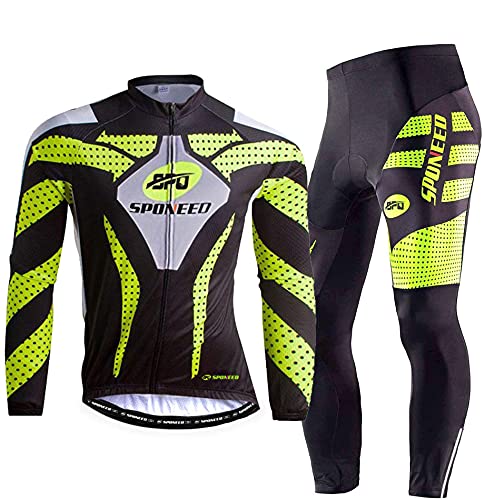 sponeed Men's Road Cycling Jersey Suits Long Sleeve Pants Bicycle Wear Quick Dry Biking Shirt with Pockets US XXL Green - Image 1