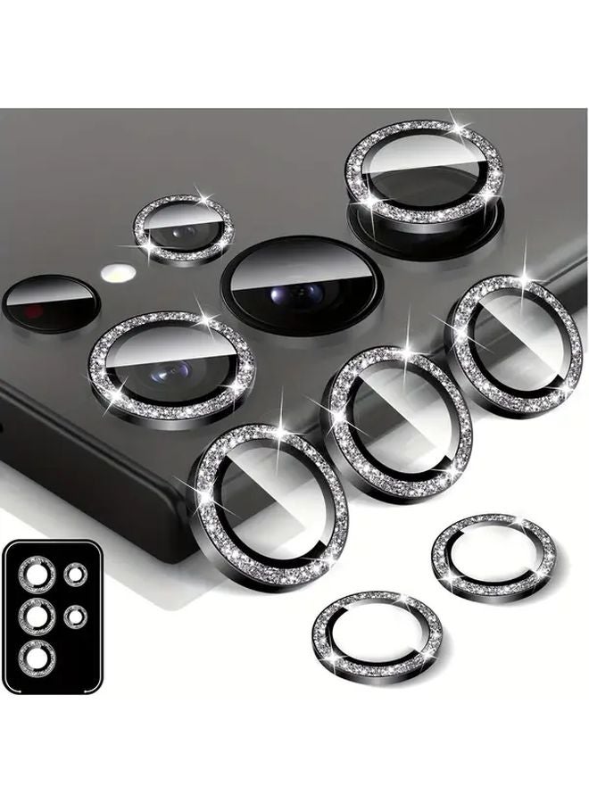 Glitter Black Galaxy S22 Ultra 9H حامي عدسة زجاج مقوى بحلقة سبائك الألومنيوم - Image 1