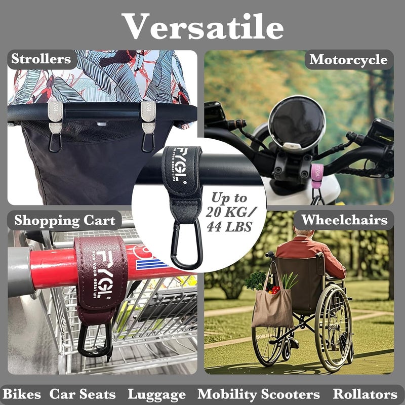 FYGL Stroller Hooks - Leather Buggy Clips, Pushchair Carabiner Clip for bags, Easy Attachment for Pram, Universal Stroller Clips and Hooks, Stroller Accessories - Black (2 Pack) - Image 2