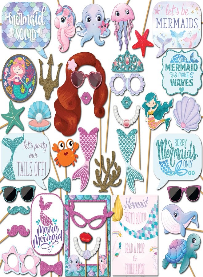 Outside The Booth Mermaid Photo Booth Props - 41-pc Photobooth Kit with 8 x 10-Inch Sign, 60 Adhesive Pads, 45 Sticks - Mermaid Photo Props - Photo Booth Props Sea - Mermaid Photo Cutout - Image 1