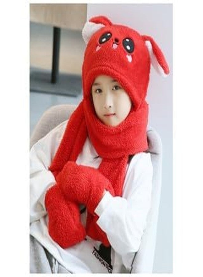 FAMWRAPZ Kids Soft Knitted Winter Warm Woolen Cap with Lovely Muffler, Faux Fur Hat, Cute Panda Cartoon Earflap Hood (in, Age, 6 Years, Red) - Image 2