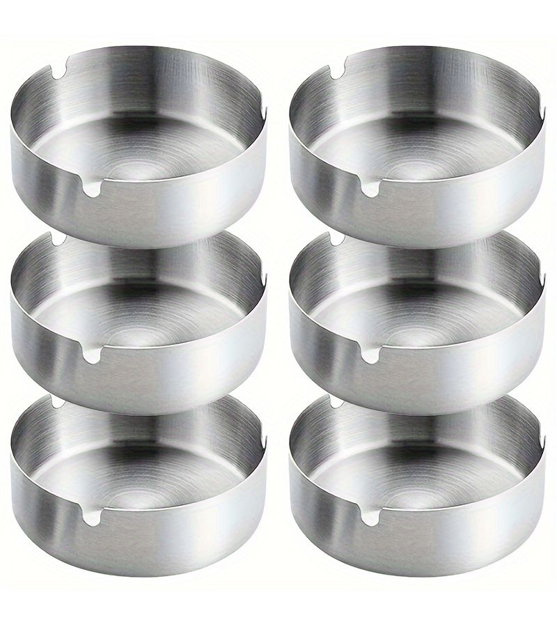6pcs Silvery Metal Ashtray Set Round Reusable Windproof Ashtrays for Indoor Outdoor Patio Garden Balcony Camping Picnic Desktop 3.15 Inches - Image 2