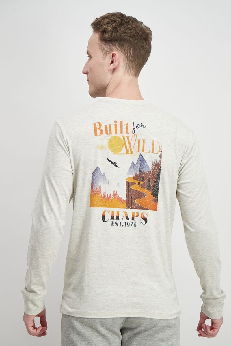 Chaps Men Crew Neck Long Sleeve Brand Logo T-shirt, Oatmeal Heather - Image 2