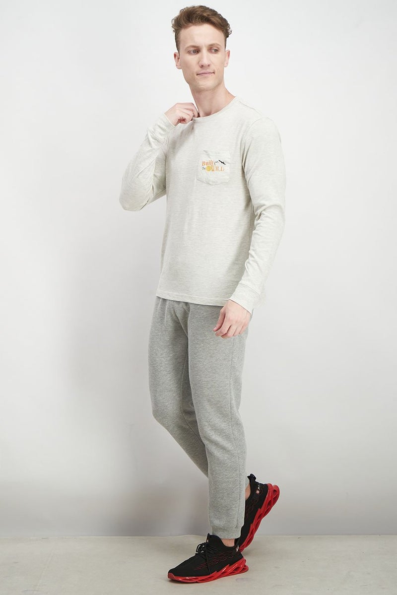 Chaps Men Crew Neck Long Sleeve Brand Logo T-shirt, Oatmeal Heather - Image 4