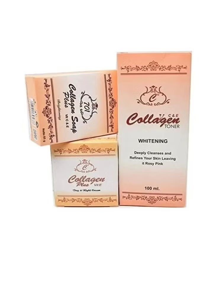 Collagen Plus 701 Set: Whitening Soap - Toner - Cream. Collagen Plus Vitamin C & E Skin Care Set.