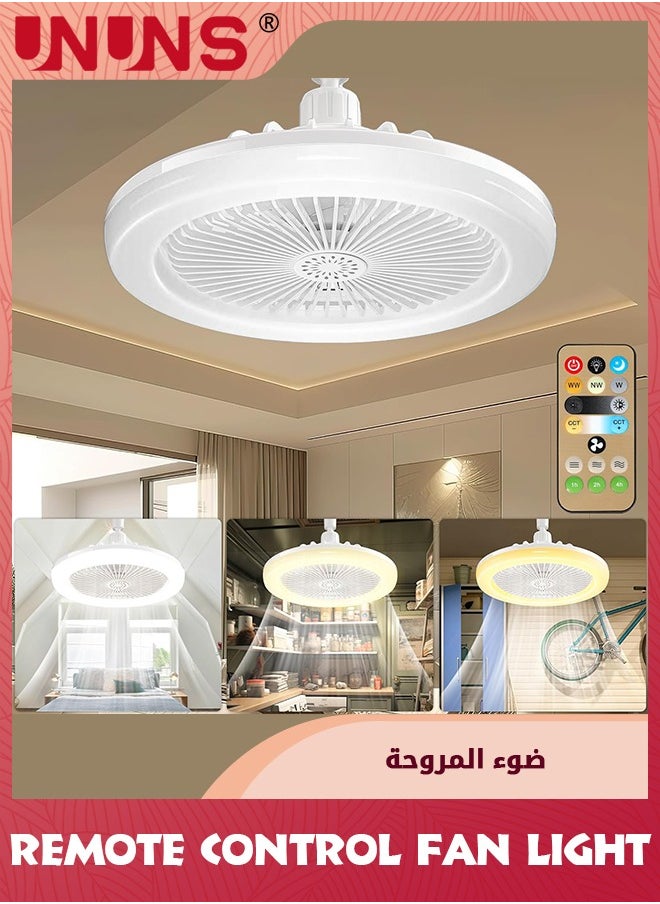 UNUNS مروحة إضاءة مع جهاز تحكم عن بعد، 3 ألوان قابلة للتعتيم بإضاءة LED، مروحة سقف E27 لولبية لغرفة النوم والمطبخ وغرفة التخزين والخزانة، مروحة سقف صغيرة لاسلكية تدور 360 درجة مع أضواء، أبيض  - Image 1