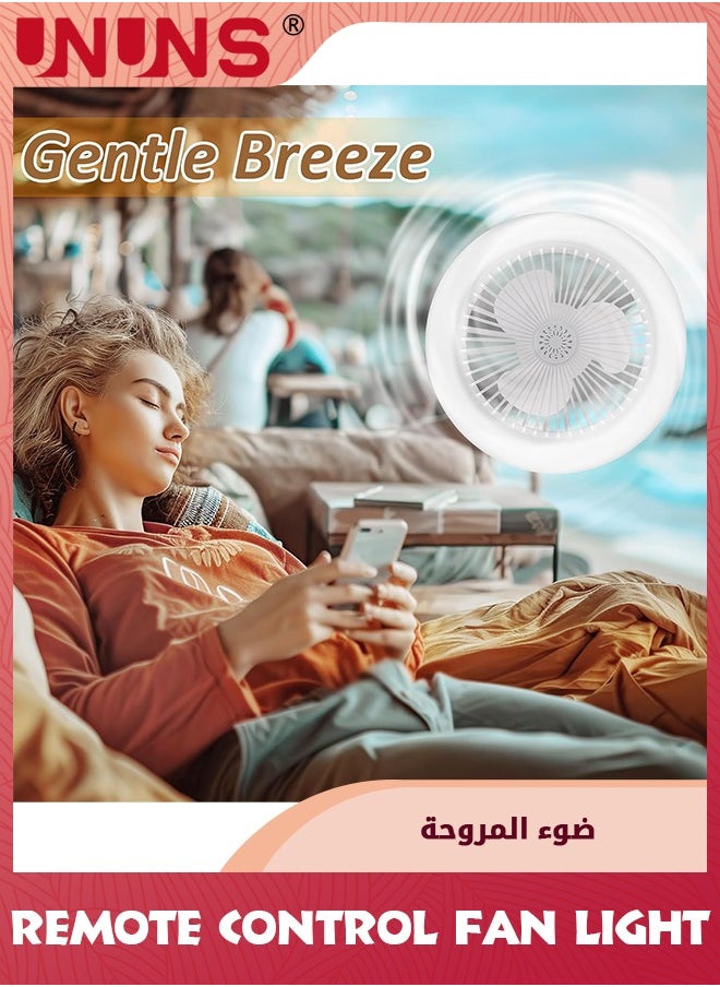 UNUNS مروحة إضاءة مع جهاز تحكم عن بعد، 3 ألوان قابلة للتعتيم بإضاءة LED، مروحة سقف E27 لولبية لغرفة النوم والمطبخ وغرفة التخزين والخزانة، مروحة سقف صغيرة لاسلكية تدور 360 درجة مع أضواء، أبيض  - Image 4