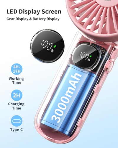 coldSky Handheld Fan Foldable Portable Fan with LED Display 3000mAh Battery Operated Mini Hand Held Fan HandheldNeckDesk 3 in 1 Personal Small Fan for Eyelash Makeup Travel Beach Outdoor Pink - Image 3
