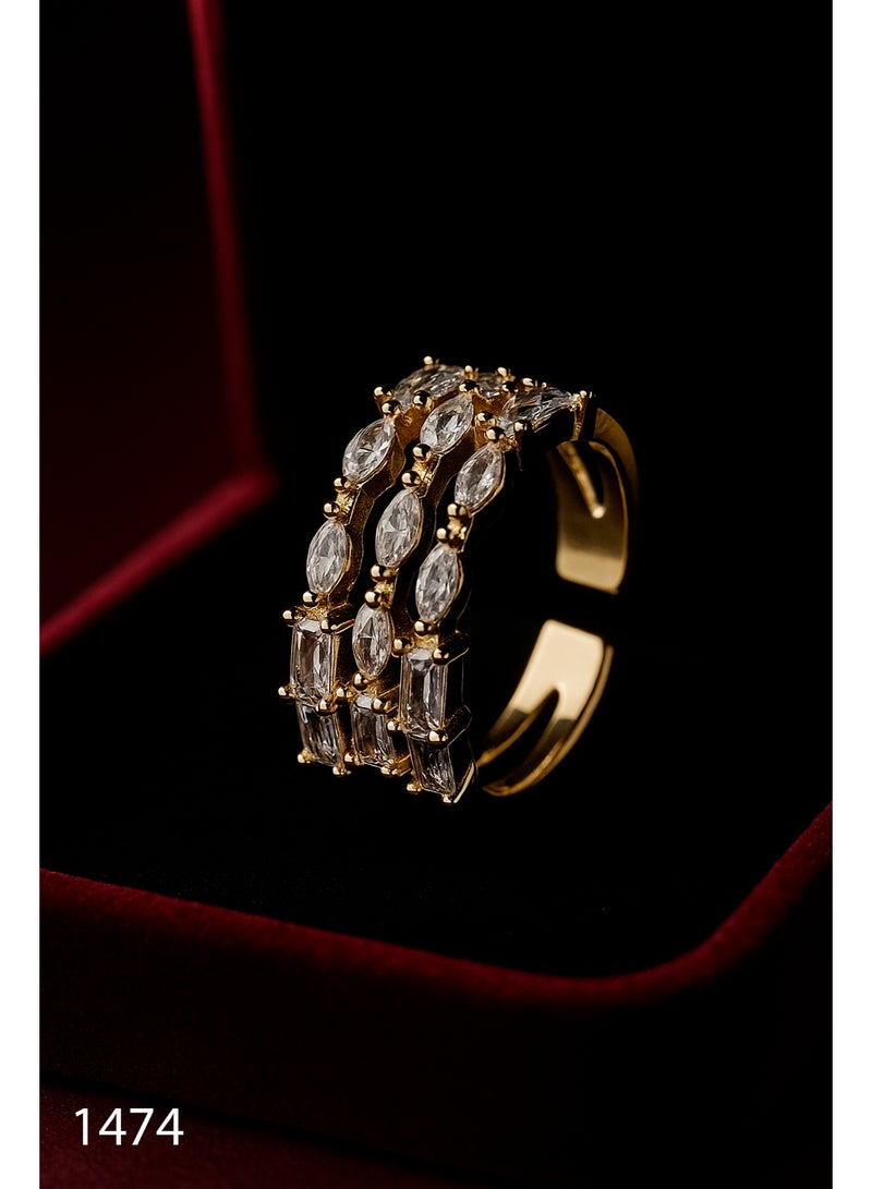 3Diamonds Gold-Plated Triple Row Ring – Marquise & Baguette Zircon, Adjustable Fit - Image 1