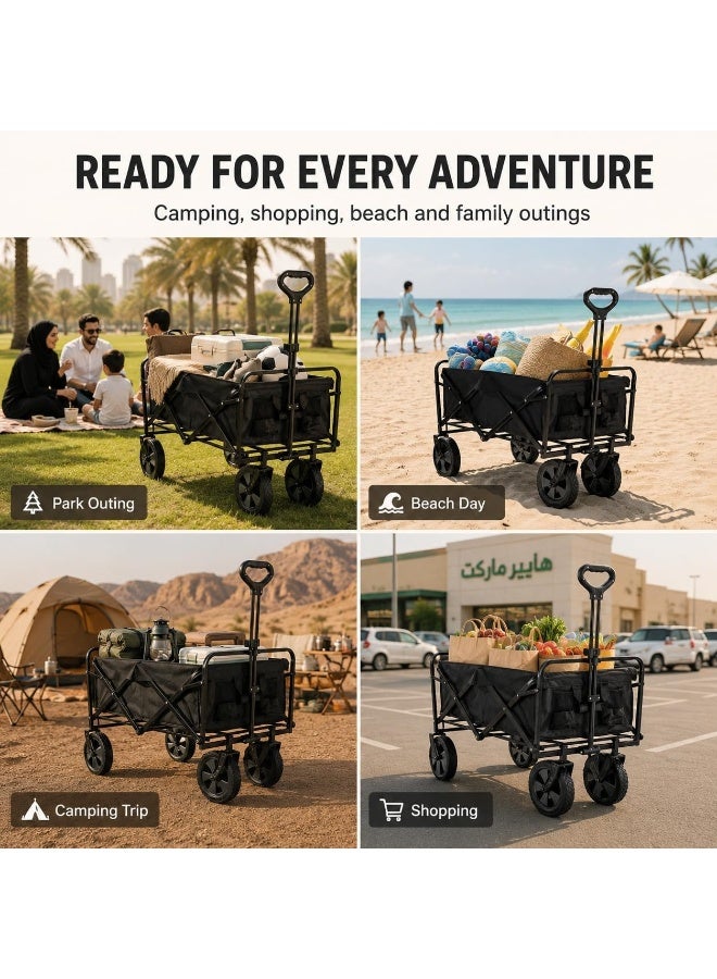 عربة نقل متعددة الاستخدامات قابلة للطي وشديدة التحمل - تتميز بهيكل فولاذي، وقماش عالي الجودة، وعجلات كبيرة، وحقيبة تخزين قابلة للإزالة؛ عربة حديقة محمولة مناسبة للتخييم والتسوق والذهاب إلى الشاطئ وأعمال النقل في الهواء الطلق. - Image 3