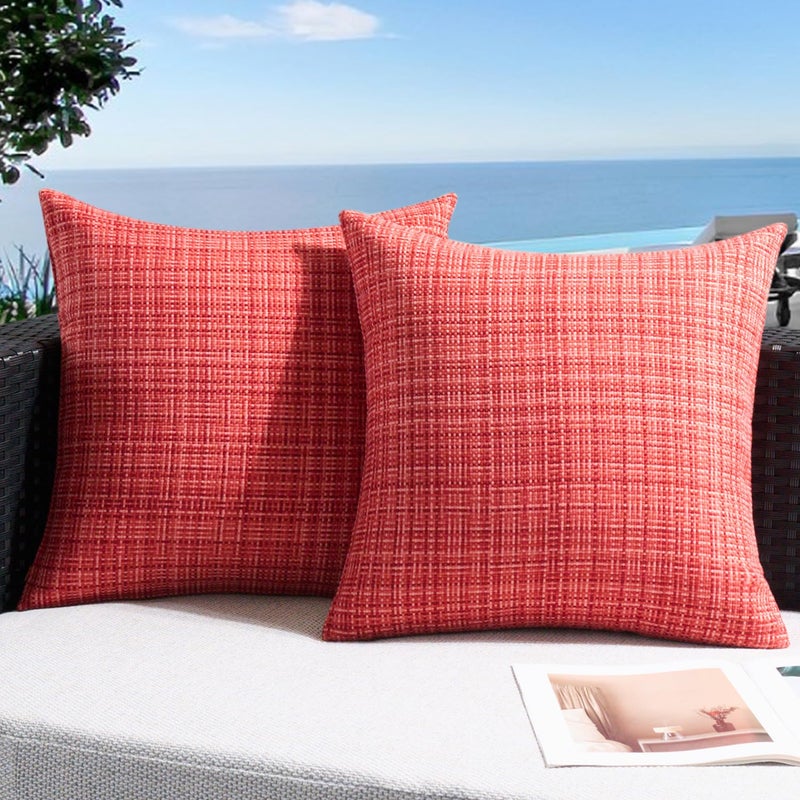UGS UGASA UGASA Outdoor Waterproof Throw Pillow Covers Pack of 2 Patio Water Resistant Pillow Cases Summer Woven Texture Decorative for Outside Garden Porch Yard Bench Tent 20x20 Inch  Red - Image 1