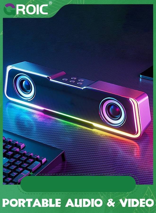 GROIC Black Portable Bluetooth Speakers,5.3 Colorful Lights Sound Wireless Bluetooth High Power Strip Long Dual Speaker with Subwoofer for Outdoor Home Video Desktop Speaker Bar TV Karaoke Party Sound  - Image 1