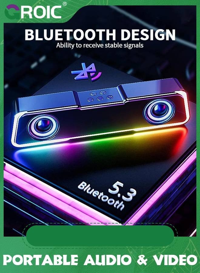 GROIC Black Portable Bluetooth Speakers,5.3 Colorful Lights Sound Wireless Bluetooth High Power Strip Long Dual Speaker with Subwoofer for Outdoor Home Video Desktop Speaker Bar TV Karaoke Party Sound  - Image 4