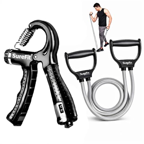 SUREFIT Hand Grip Strengthener with Resistance Tube, Adjustable Gripper and Exercise Band Combo for Strength Training For Man and Women (Counter Adjustable- 5-60 Kg) - Image 1