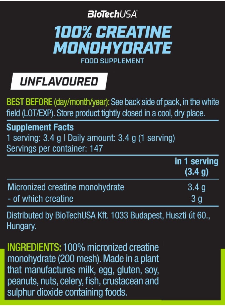 BioTechUSA 100% Creatine Monohydrate Pharmaceutical Grade Powder Unflavored 500g - Image 2