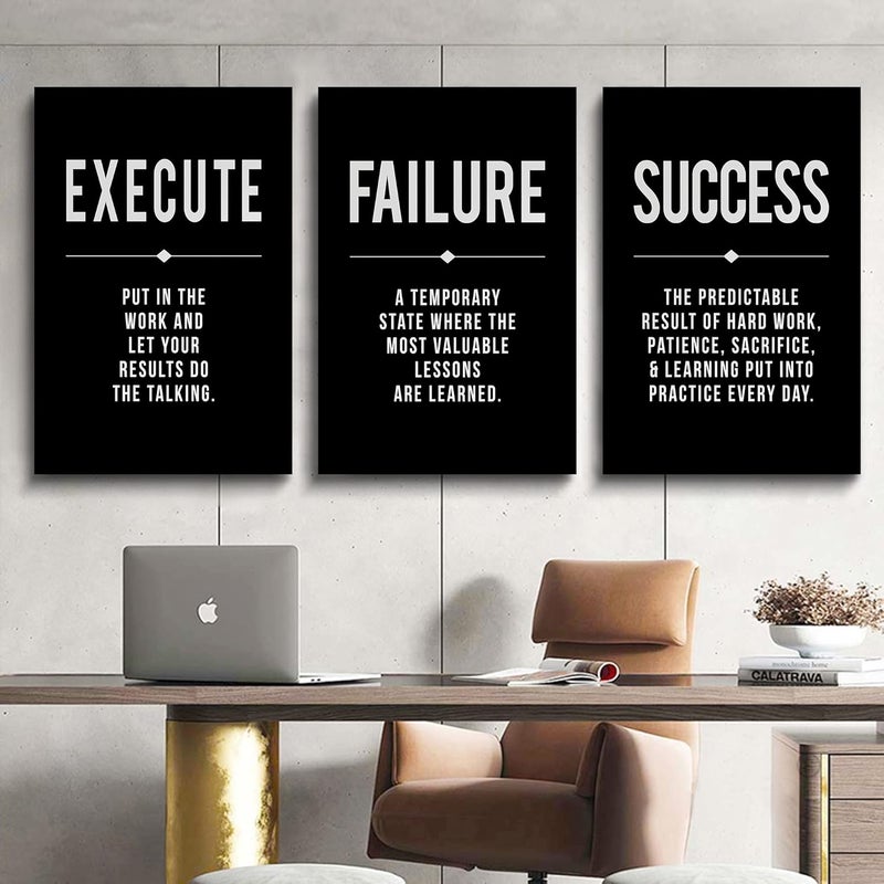 ARS Framed Canvas Wall Art Success Quote, Office Wall Art, Black Large Poster, Positive Motivational Set of 3 Prints, Execute Failure Definition, Inspirational Print (A-3pcs, 24x36inchx3pcs) - Image 2