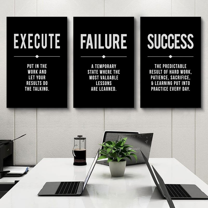 ARS Framed Canvas Wall Art Success Quote, Office Wall Art, Black Large Poster, Positive Motivational Set of 3 Prints, Execute Failure Definition, Inspirational Print (A-3pcs, 24x36inchx3pcs) - Image 5