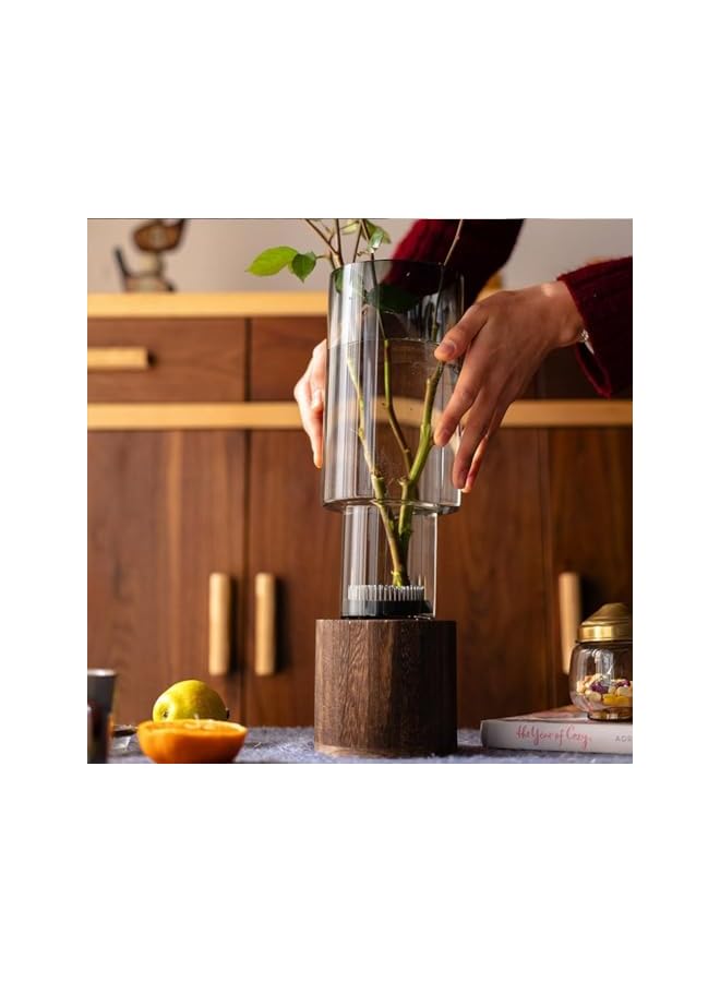 Green Tiger Glass Vase with Wooden Base,10'' Flower Jar Modern Cylindrical Vase for Table Decor,Simple High Bottleneck Tall Vase Decorative Glass Flower Pots Clear for Bedroom Kitchen Living Room - Image 3