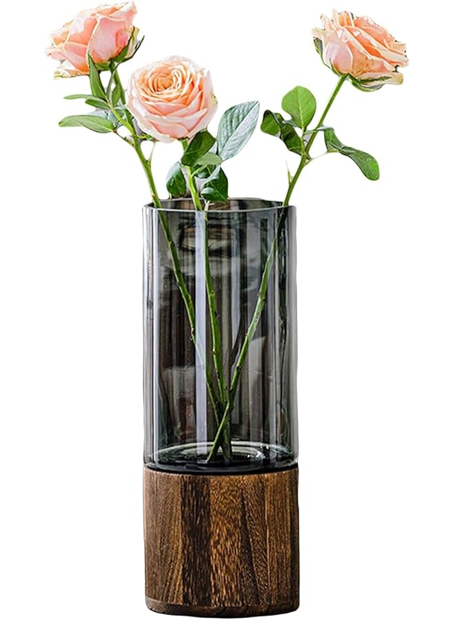 Green Tiger Glass Vase with Wooden Base,10'' Flower Jar Modern Cylindrical Vase for Table Decor,Simple High Bottleneck Tall Vase Decorative Glass Flower Pots Clear for Bedroom Kitchen Living Room - Image 1