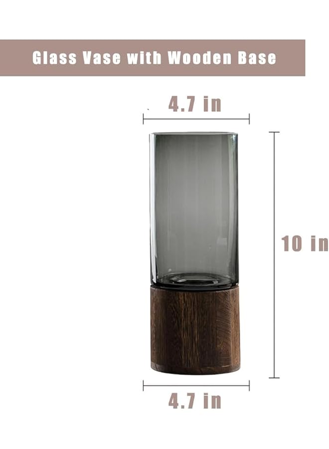 Green Tiger Glass Vase with Wooden Base,10'' Flower Jar Modern Cylindrical Vase for Table Decor,Simple High Bottleneck Tall Vase Decorative Glass Flower Pots Clear for Bedroom Kitchen Living Room - Image 2
