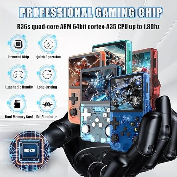 R36S RETRO HANDHELD GAME CONSOLE, BLUE TRANSPARENT CASE, 20000+ GAMES, PORTABLE GAMING SYSTEM WITH USB CABLE, SD CARD - Image 2