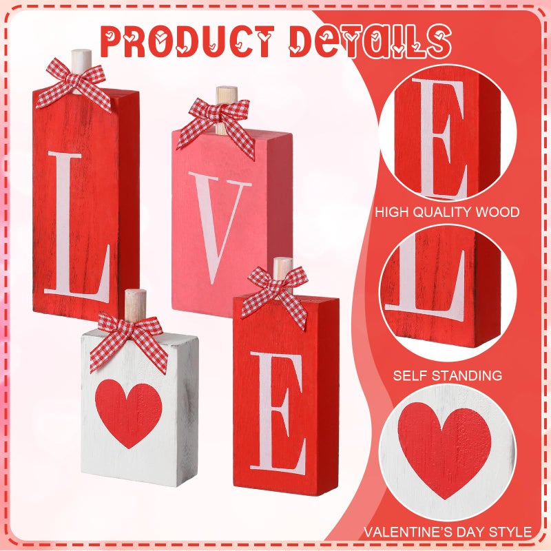 Yousoontic 4 Pcs Valentine's Day Love Wooden Blocks Heart Love Wooden Table Signs for Valentines Decorations Home Farmhouse Tabletop Wedding Mother's Day Centerpiece Decor - Image 3