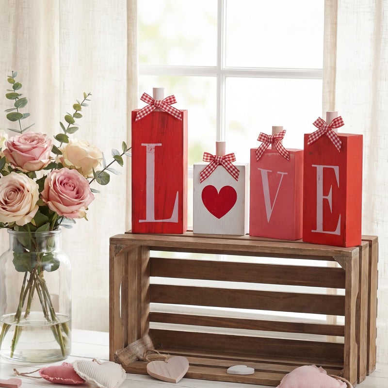 Yousoontic 4 Pcs Valentine's Day Love Wooden Blocks Heart Love Wooden Table Signs for Valentines Decorations Home Farmhouse Tabletop Wedding Mother's Day Centerpiece Decor - Image 4