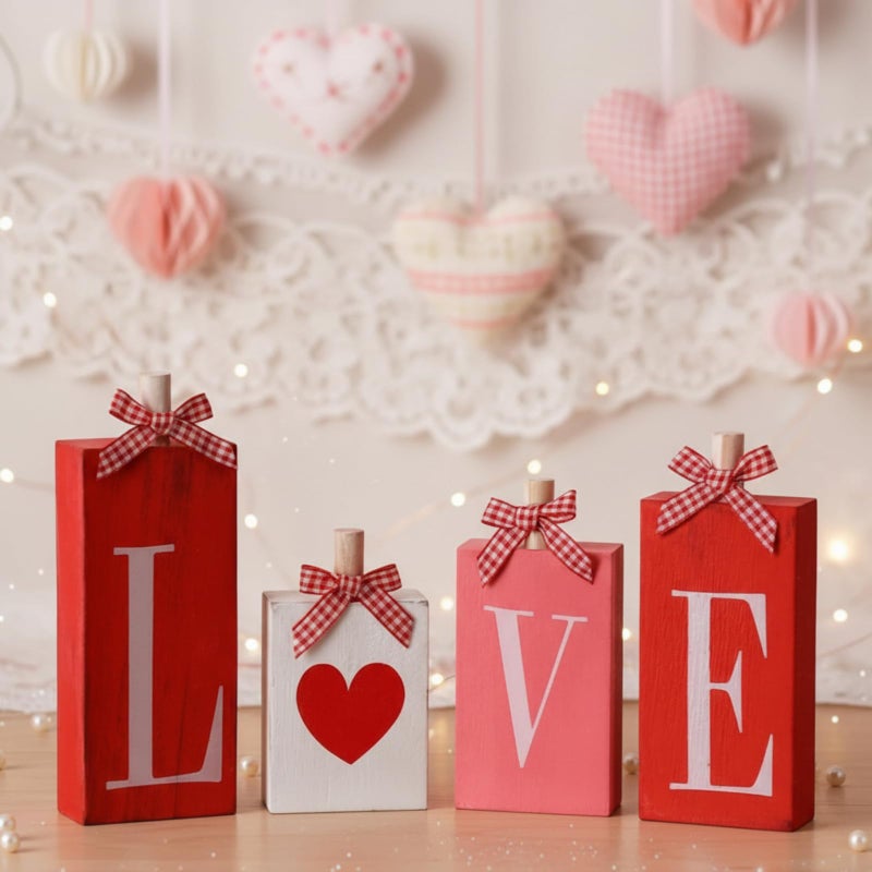 Yousoontic 4 Pcs Valentine's Day Love Wooden Blocks Heart Love Wooden Table Signs for Valentines Decorations Home Farmhouse Tabletop Wedding Mother's Day Centerpiece Decor - Image 1