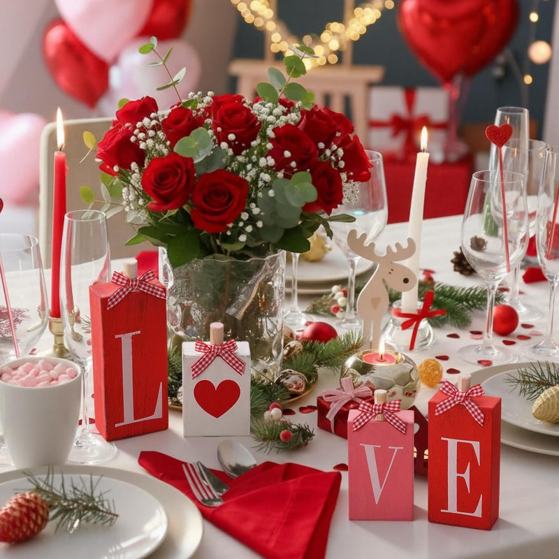 Yousoontic 4 Pcs Valentine's Day Love Wooden Blocks Heart Love Wooden Table Signs for Valentines Decorations Home Farmhouse Tabletop Wedding Mother's Day Centerpiece Decor - Image 5