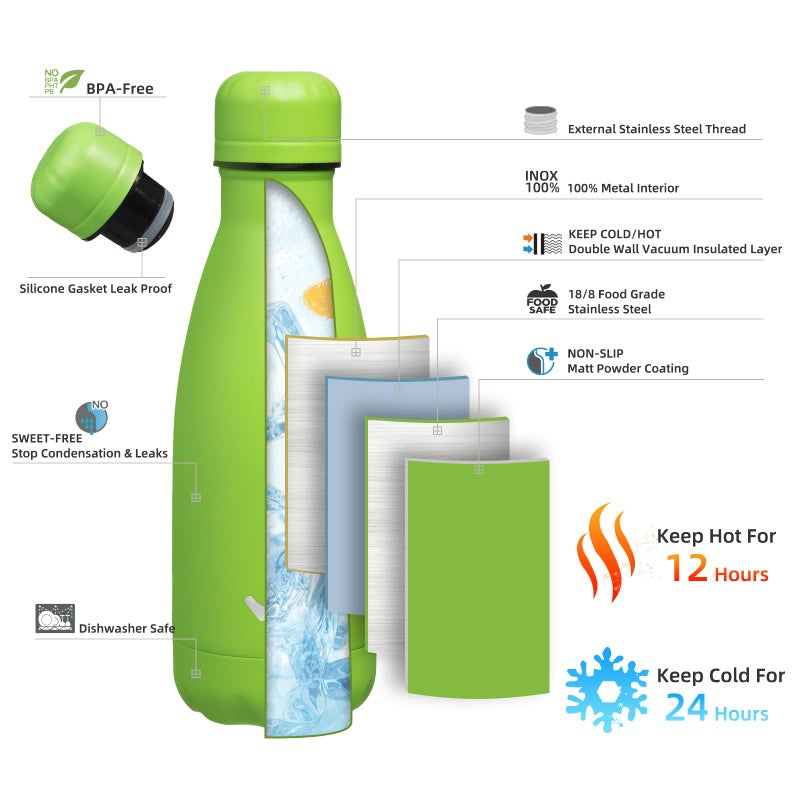 Konokyo Insulated Water Bottles,12 oz Double Wall Stainless Steel Vacumm Metal Flask for Sports Travel,Green - Image 2