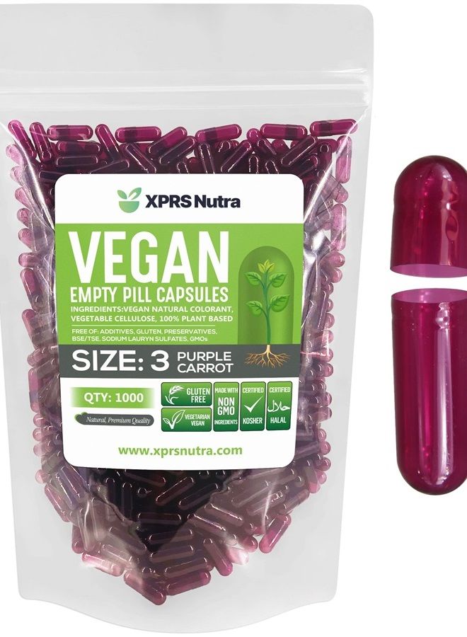XPRS Nutra Size 3 Empty Capsules - 1000 Count Empty Vegan Capsules - Vegetarian Empty Pill Capsules - DIY Vegetable Capsule Filling - Veggie Pill Capsules Empty Caps (Purple Carrot) - Image 1