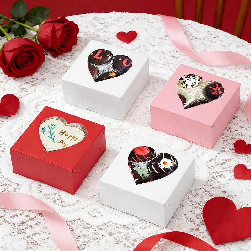 TEMLQPACK 24PCS 4"x4"x2" Heart-Shaped Window Bakery Boxes in White, Pink, Red - Perfect for Strawberries, Cookies, Mini Bundt Cakes, Chocolate Truffles & Small Desserts-Wedding and Party Favors - Image 2