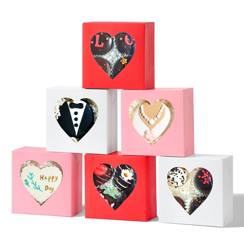 TEMLQPACK 24PCS 4"x4"x2" Heart-Shaped Window Bakery Boxes in White, Pink, Red - Perfect for Strawberries, Cookies, Mini Bundt Cakes, Chocolate Truffles & Small Desserts-Wedding and Party Favors - Image 1
