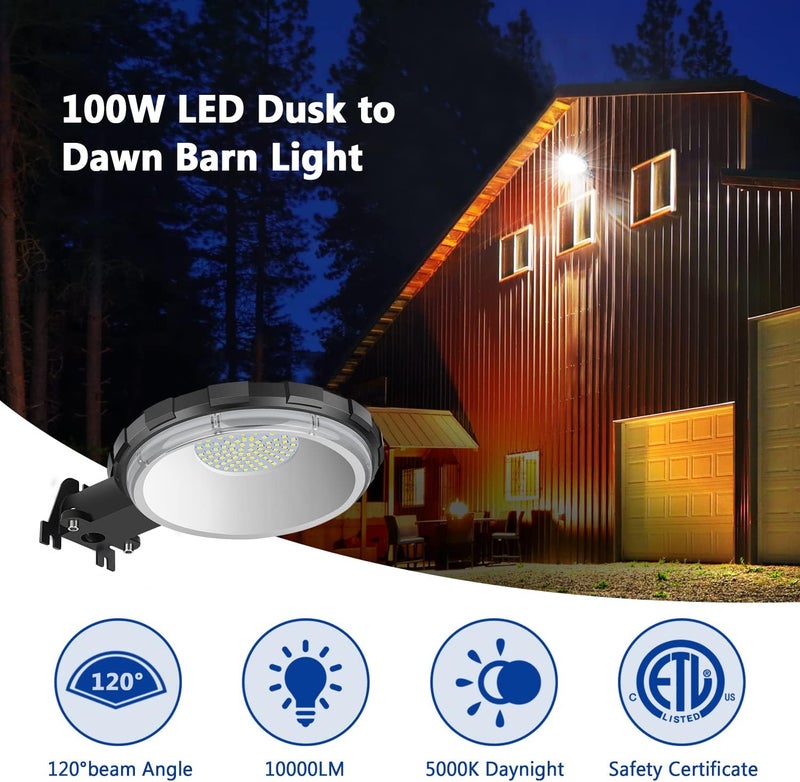Karjoefar LED Barn Light, Dusk to Dawn Outdoor Lighting with 100W 10000LM 5000K Daylight, IP65 Waterproof Outdoor Security Lights for Garage Yard Street Warehouse Use - Image 2