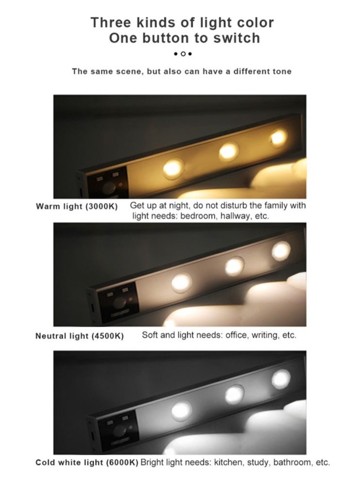 ماركة غير محددة - إضاءة خزانة LED مع حساس حركة، قابلة للشحن عبر USB، ثلاث ألوان، تصميم نحيف جداً للمطبخ أو الدولاب - Image 1