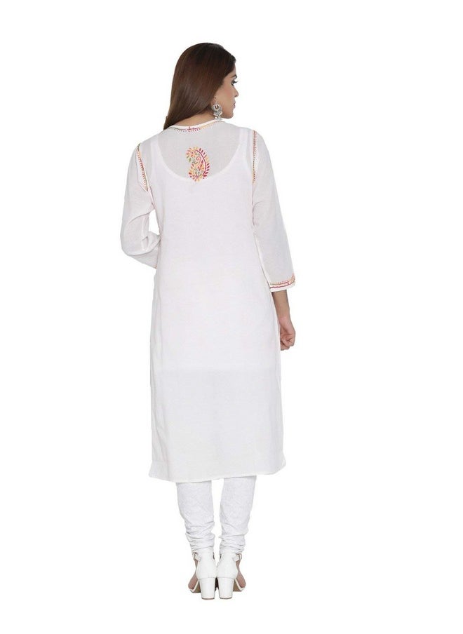 ADA - Ada Lucknowi Chikankari Hand Embroidered Straight White Cotton Kurta Kurti Tunic for Women A207576 (L) - Image 1