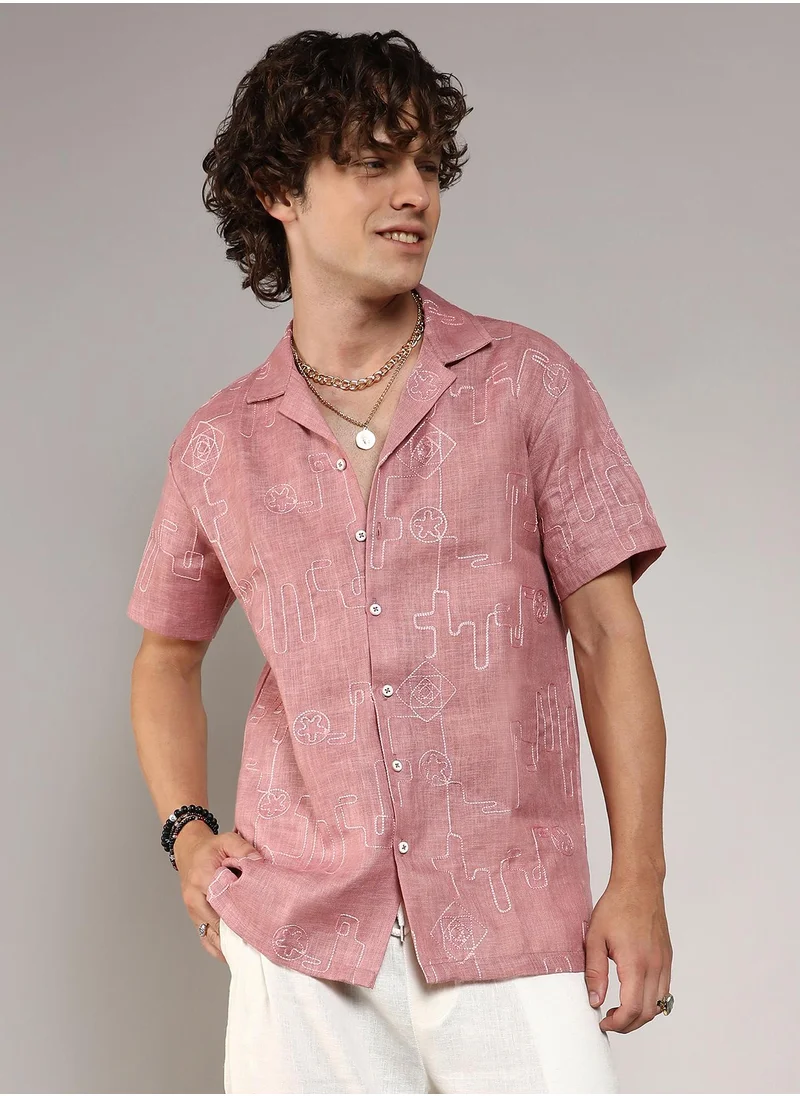 Campus Sutra Men's Rouge Pink Embroidered Lined Shirt