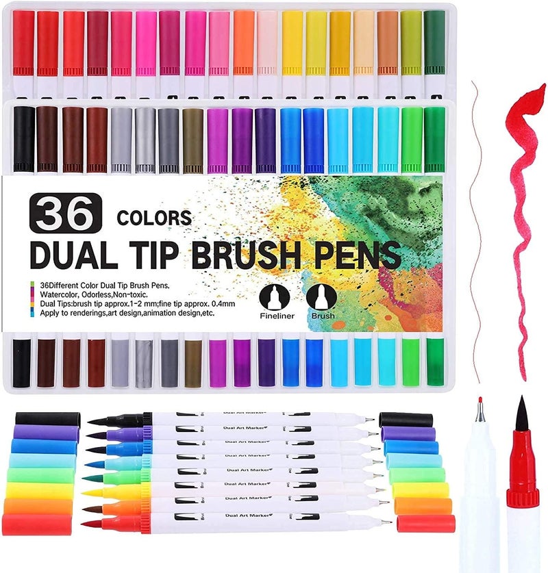 KRYTONEDual Tip Brush Marker Pen Fine Tip Marker and Brush Highlighter Pen for Bullet Journal Adults Coloring Book Note Writing Planning Art Project 36PCS