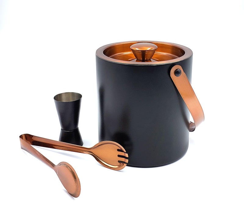 EVK® Double Wall Stainless Steel Ice Bucket with Tong and Peg Measurer | Black & Copper Ice Bucket for Bar & Home - Image 1