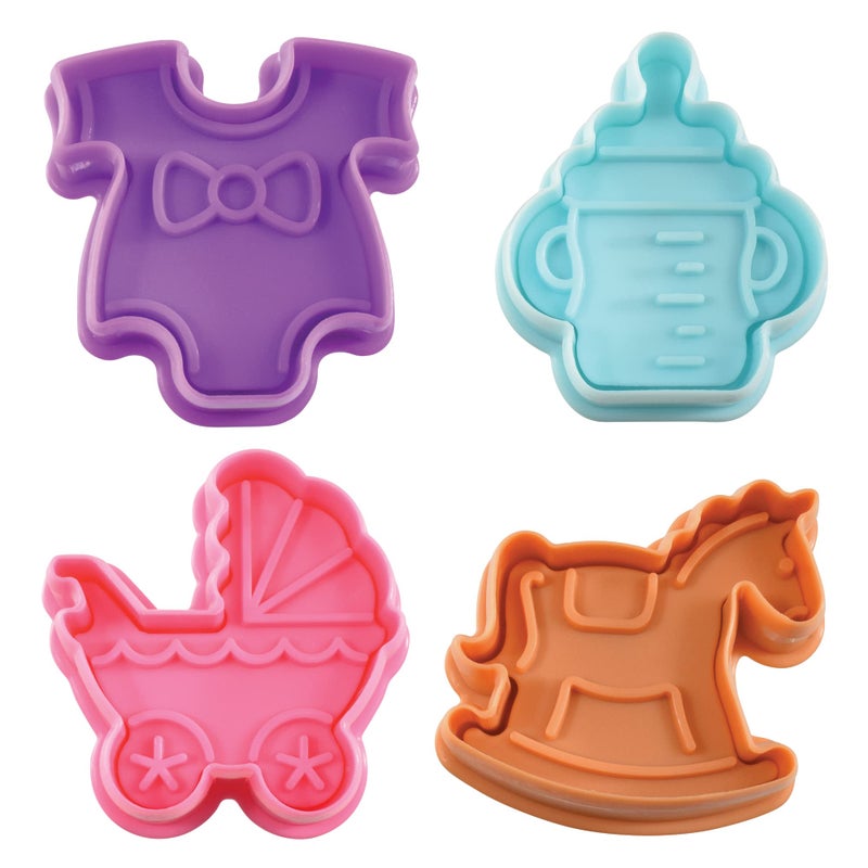 R&M International R&M Baby Themed Pastry & Cookie Cutter Set of 4. Rocking Horse  Stroller  Bottle Sippy Cup  Onesie. 2 Inches Assorted Color Plastic Cookie Cutters - Image 2