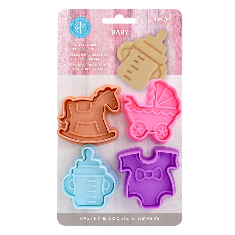 R&M International R&M Baby Themed Pastry & Cookie Cutter Set of 4. Rocking Horse  Stroller  Bottle Sippy Cup  Onesie. 2 Inches Assorted Color Plastic Cookie Cutters - Image 1