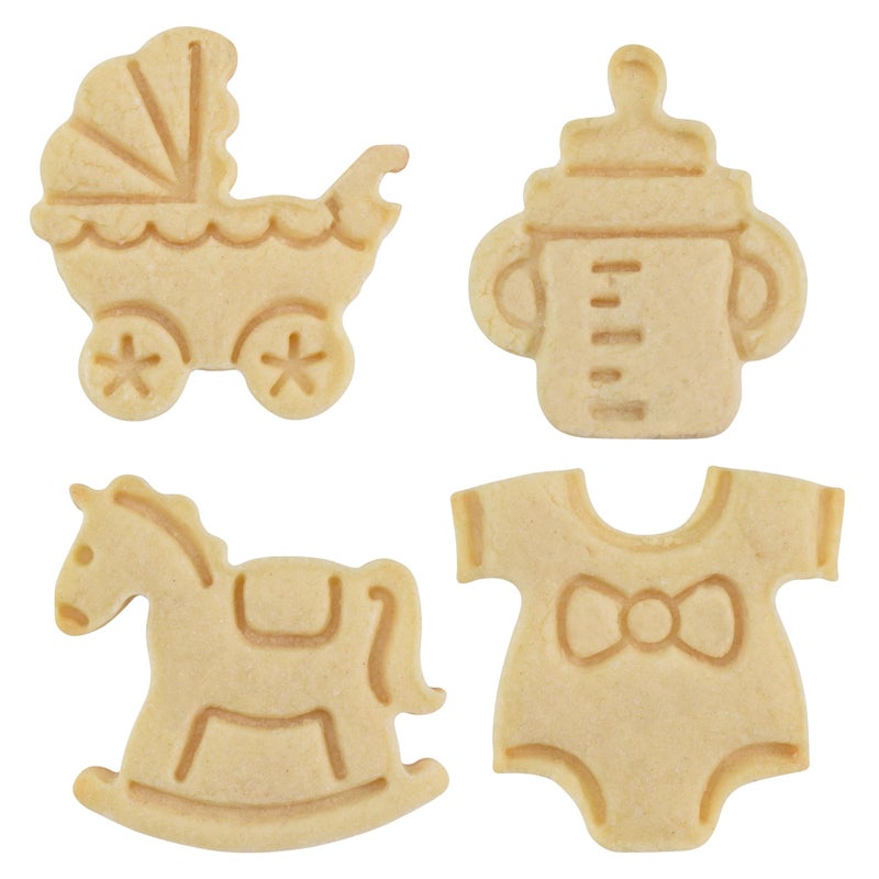 R&M International R&M Baby Themed Pastry & Cookie Cutter Set of 4. Rocking Horse  Stroller  Bottle Sippy Cup  Onesie. 2 Inches Assorted Color Plastic Cookie Cutters - Image 3