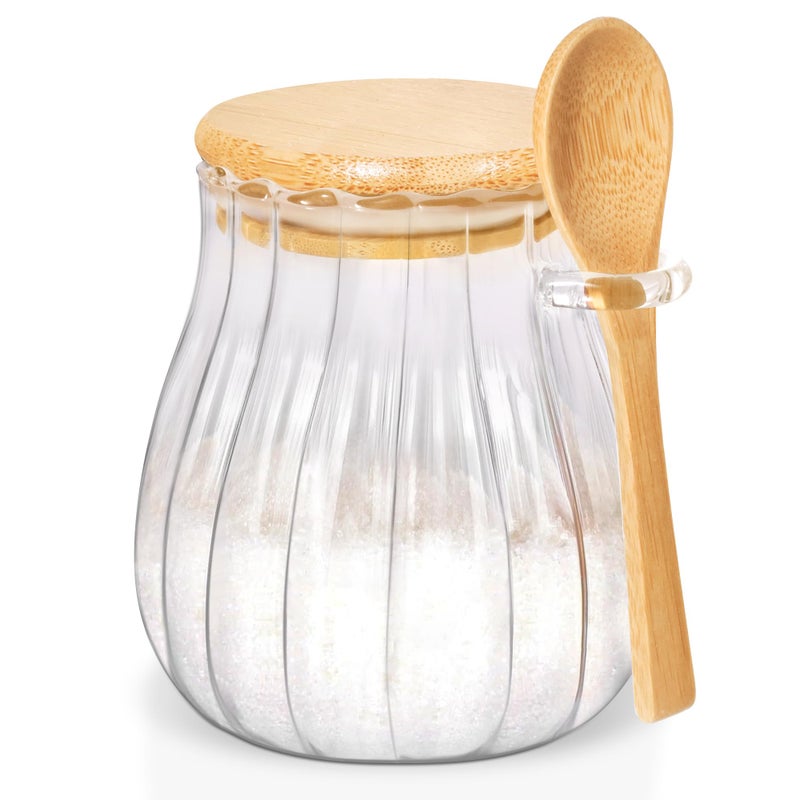 Quald 15oz Sugar Container with Bamboo Lid and Spoon,Sugar Bowl Glass Jar for Coffee Bar Accessories Coffee Canister Kitchen Decor (Medium) - Image 1