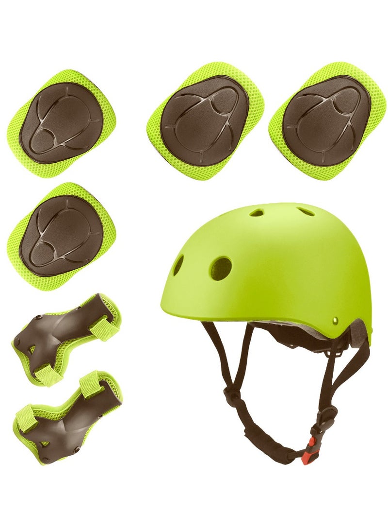 Roller Skating Protective Gear, Children's Helmet Set of Riding Elbow Wristband, Skateboard Skates Balance Bike Helmet Knee Pads, 7 pcs (Green)  - Image 1