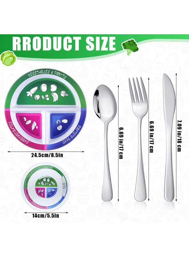 Singhoow 4 Pieces Portion Control Plate Bowls with 2 Pairs Stainless Steel Silverware Flatware 8.5 Inch Self Measuring Divided Plate Diet Plates Bowls for Weight Loss Balanced Eating Adults - Image 2