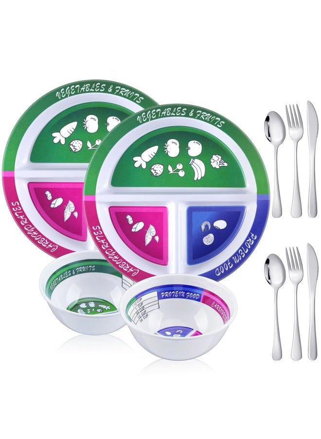 Singhoow 4 Pieces Portion Control Plate Bowls with 2 Pairs Stainless Steel Silverware Flatware 8.5 Inch Self Measuring Divided Plate Diet Plates Bowls for Weight Loss Balanced Eating Adults - Image 1