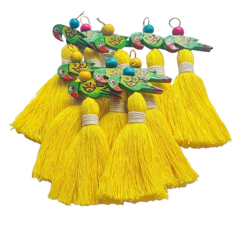 Zippy Flora Handmade Mini Cotton Tassels with Parrot Embellishments – Pack of 10 | Vibrant Bright Yellow Decorative Tassels for Home Décor, DIY Crafts, Gift Wrapping, Jewelry Making - Image 1